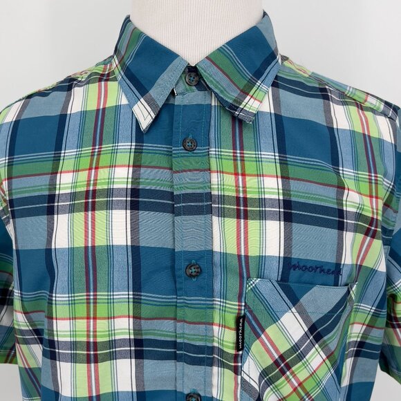 Moorhead Mens XL Plaid Button-Up Shirt Short Sleeve 100% Polyester Blue/Green/R - Picture 1 of 8